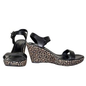 SUNDANCE Leather Black & Cream Geometric‎ Pattern Wedge Platform Heel Size 10
